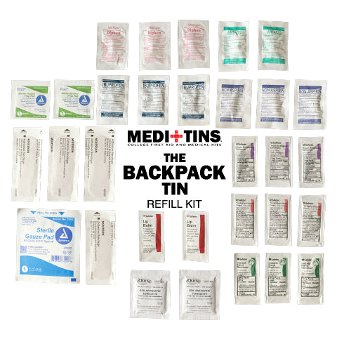 Picture of refill kit with all contents for backpack first aid kit for college students.
