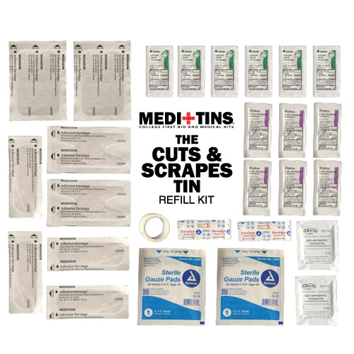 Picture of all contents of refill kit for college student first aid kit for to treat cuts and scrapes