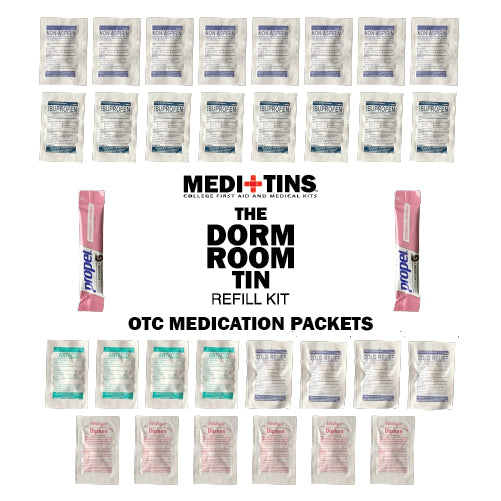 Picture all contents of medication packet  refill kit of Dorm room first aid kit for college students.