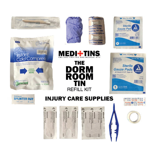 Picture one of each of  injury care refill kit of Dorm room first aid kit for college students.