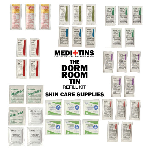 Picture all contents of skin care refill kit of Dorm room first aid kit for college students.