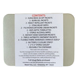 Photo of back of Outdoor first aid kit for college student with list of contents and warning statements.