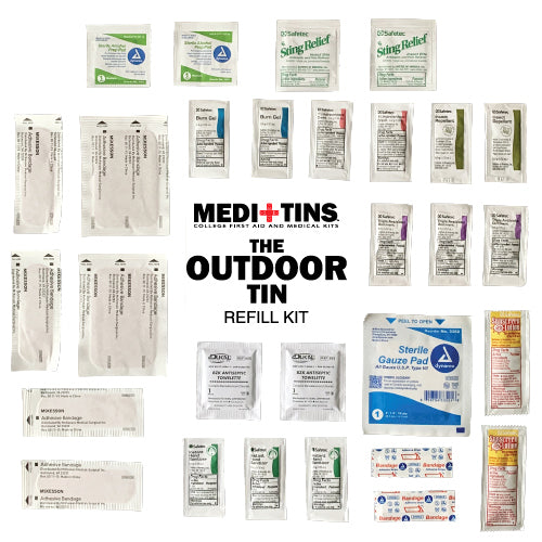 Picture of all contents of refill kit for outdoor first aid kit for college students.