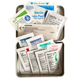 Photo of open backpack first aid kit for college students with one of each of contents.