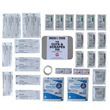 Picture of all contents of first aid kit to treat cuts and scrapes for college students.