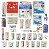 Picture of all contents of Dorm Room First Aid Kit Medical Kit for college students with quantity notation