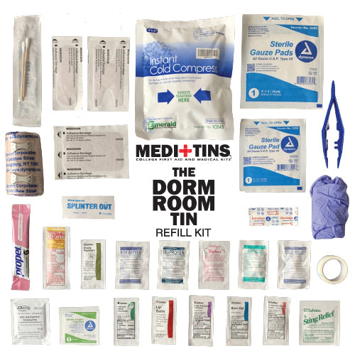 Picture of all contents of refill kit for Dorm Room First Aid Kit Medical Kit for college students