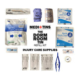 Picture one of each of injury care refill kit with numbers of Dorm room first aid kit for college students.