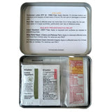 Photo of inside of outdoor first aid kit for college students. Color coded instructions for use. All contents pictured.